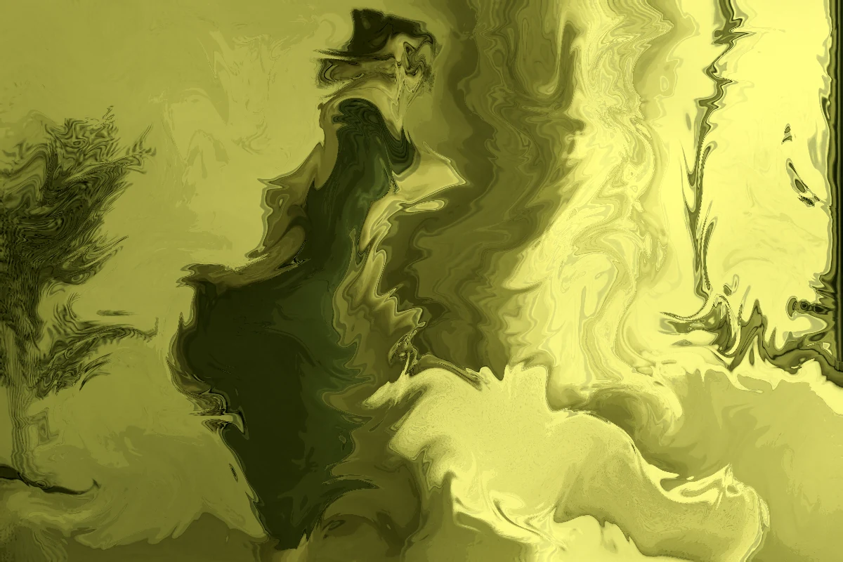 The same portrait with a muted olive Matcha palette, grain, and multi-scale liquid swirl distortion